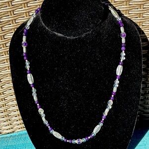 AMETHYST QUARTZ ORNATE SILVER tone beads 12” drop Necklace with Silver Accents